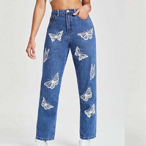 Shein Medium High Waist Butterfly Straight Leg Jeans Medium Blue Denim - Picture 1 of 7